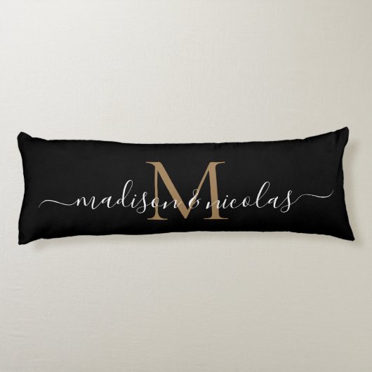 Black Gold Monogram Script Pas getrouwd Jubileum Lichaamskussen (Achterkant)