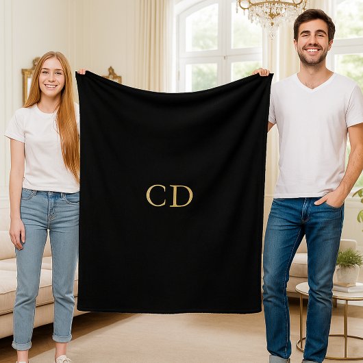 Black gold monogrammed initials luxury fleece deken