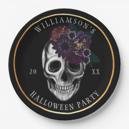 Black & Gold Moody Floral Halloween Skull Party Papieren Bordje