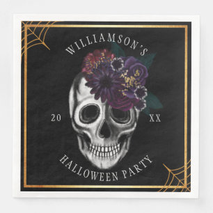 Black & Gold Moody Floral Halloween Skull Party Servet