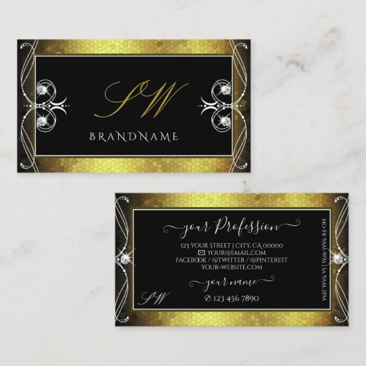 Black Gold Mosaic  Sparkle Diamonds Monogram Visitekaartje (Voorkant / Achterkant)