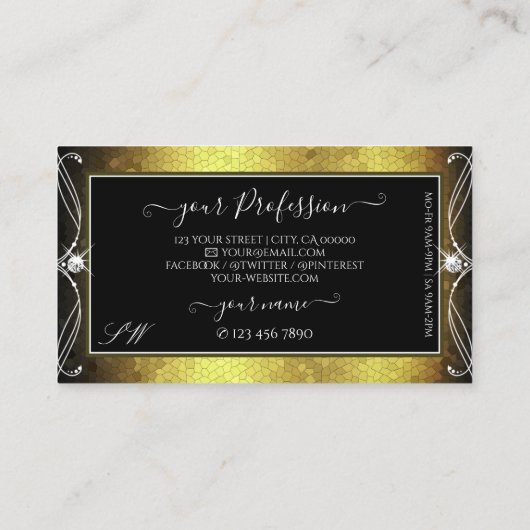 Black Gold Mosaic  Sparkle Diamonds Monogram Visitekaartje (Achterkant)