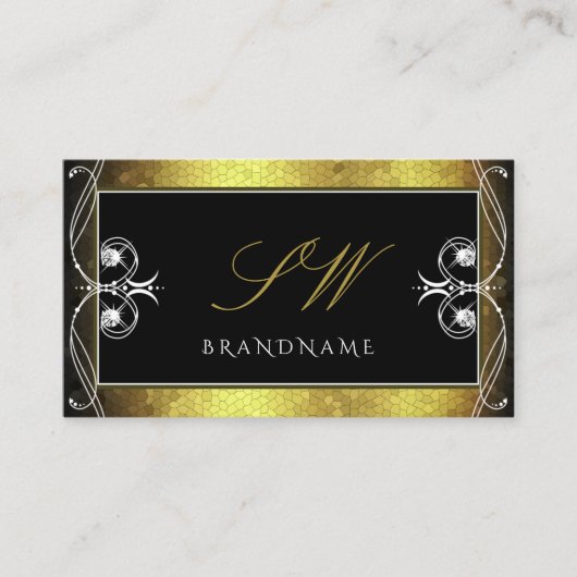 Black Gold Mosaic Sparkle Diamonds Monogram Visitekaartje (Voorkant)