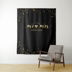 Black Gold Mr en Mrs Wedding Photo Booth Tapestry Wandkleed