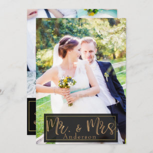 Black & Gold Mr. & Mrs Wedding Foto Hartelijk dank Kaart