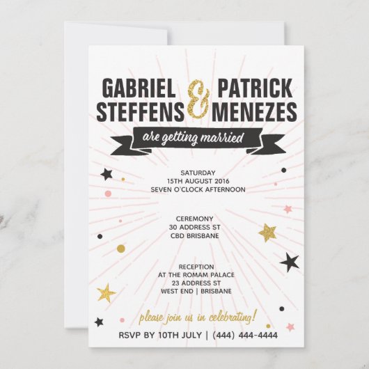 Black Gold Mr Mustache Gay Wedding Invitation Kaart (Achterkant)