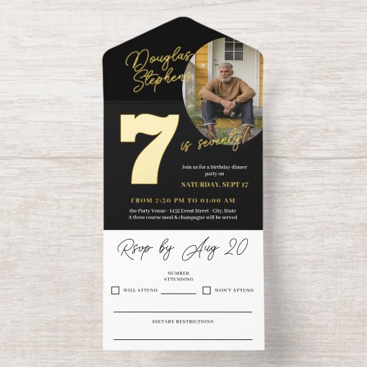 Black Gold Name Photo Milestone Birthday All In One Uitnodiging (Binnenkant)