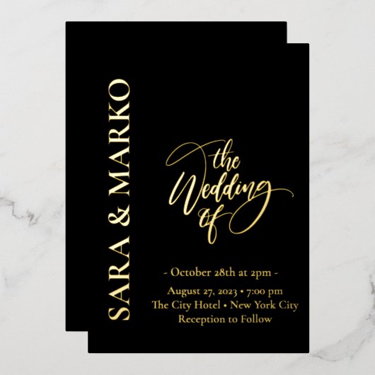 Black-gold NAMES Simple Wedding Folie Uitnodiging (Voorkant / Achterkant)