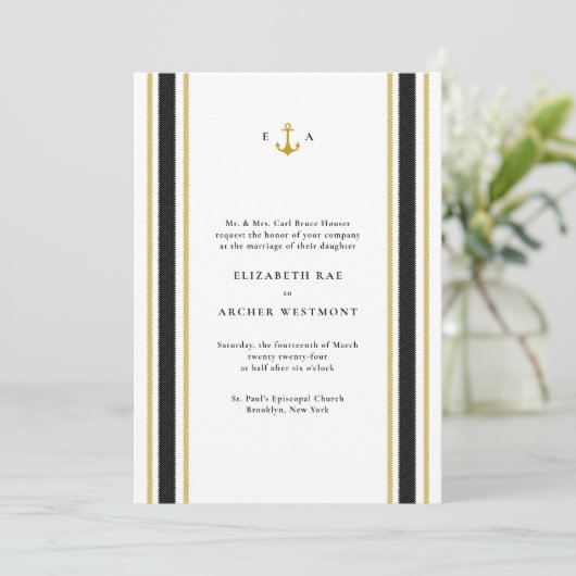 Black Gold Nautical Stripes Coastal Wedding Kaart (Staand voorkant)