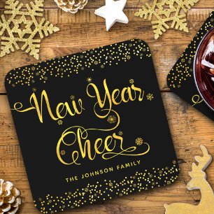 Black Gold Nieuwjaar Cheer Snowflakes Confetti Naa Bier Onderzetter