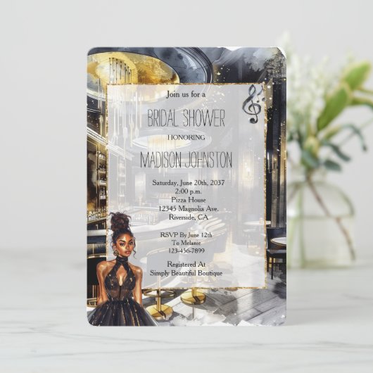 Black Gold Night Club Girl in Dress Vrijgezellenfe Kaart (Staand voorkant)