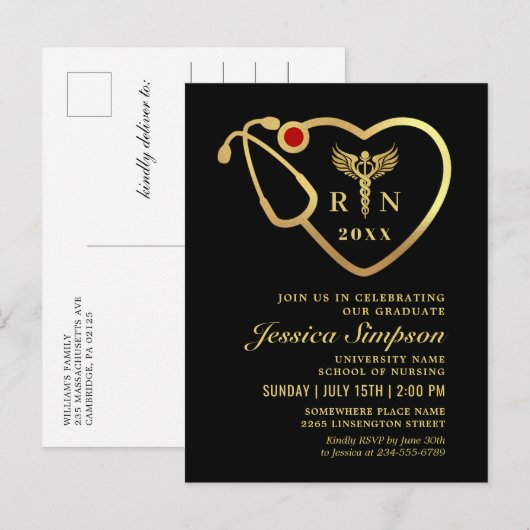 Black Gold Nursing Afstuderen Invitation Briefkaar Uitnodiging Briefkaart (Voorkant / Achterkant)