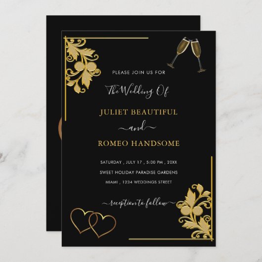 Black Gold Ornamenten bruiloft uitnodiging Sjabloo (Voorkant / Achterkant)
