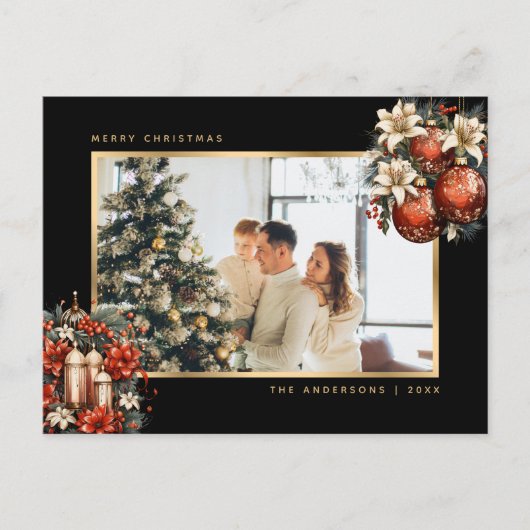 Black Gold Ornaments Botanical Photo Christmas Feestdagenkaart (Voorkant)
