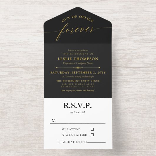 Black Gold Out of Office Forever Retirement Party All In One Uitnodiging (Binnenkant)