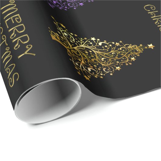 Black Gold Paars Elegant Chic-kerstboomster Cadeaupapier (Rol Hoek)