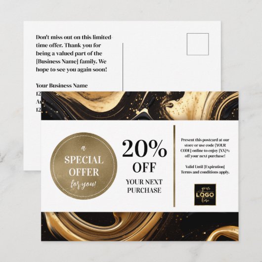 Black Gold Paint Swirls Coupon Korting Briefkaart (Voorkant / Achterkant)
