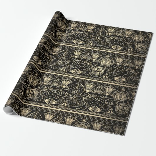 Black Gold Papyrus Antiek Egyptisch Floral Lotus Cadeaupapier (Uitgerold)