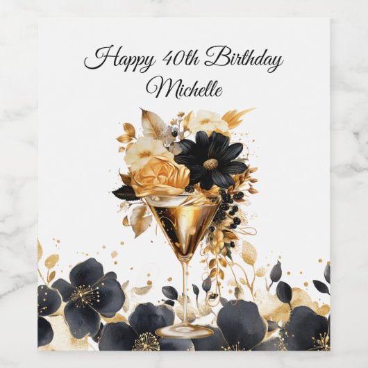 Black Gold Party Cocktails Drink Florals  Wijn Etiket (Enkel label)