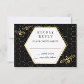 Black Gold Pattern RSVP Card Honey Bee (Voorkant)