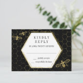 Black Gold Pattern RSVP Card Honey Bee (Staand voorkant)