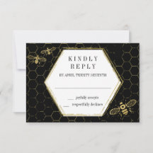 Black Gold Pattern RSVP Card Honey Bee