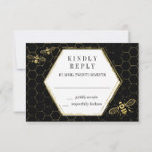 Black Gold Pattern RSVP Card Honey Bee Kaartje (Voorkant)