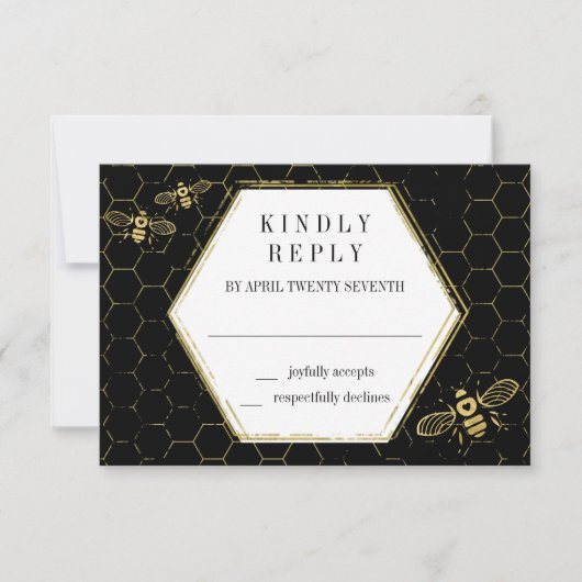 Black Gold Pattern RSVP Card Honey Bee Kaartje (Voorkant)