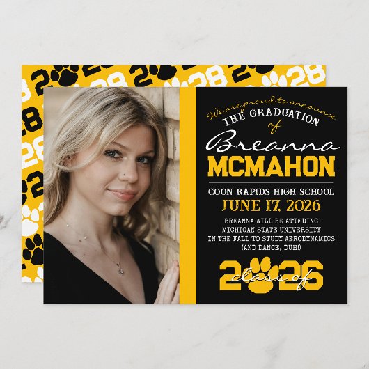 Black & Gold Paw Print Afstuderen Kaart