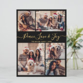 Black Gold Peace Love en Joy Script 5 Foto Feestdagenkaart (Staand voorkant)