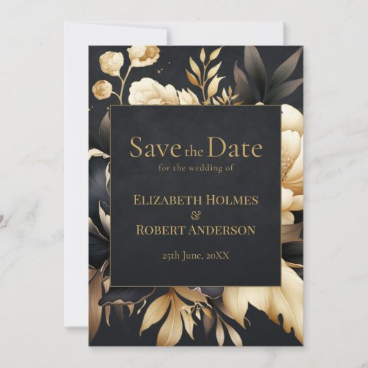 Black & Gold Peony Gothic Save the Date (Voorkant)