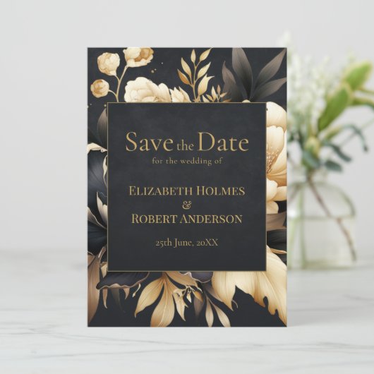 Black & Gold Peony Gothic Save the Date (Staand voorkant)