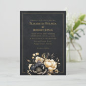 Black & Gold Peony Gothic Wedding Invitation Kaart (Staand voorkant)