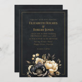 Black & Gold Peony Gothic Wedding Invitation Kaart (Voorkant / Achterkant)
