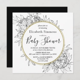 Black & Gold Peony Modern Floral Toile Baby shower Kaart