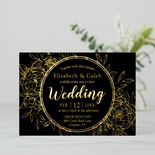 Black & Gold Peony Modern Toile Wedding Folie Uitnodiging (Staand Voorkant)