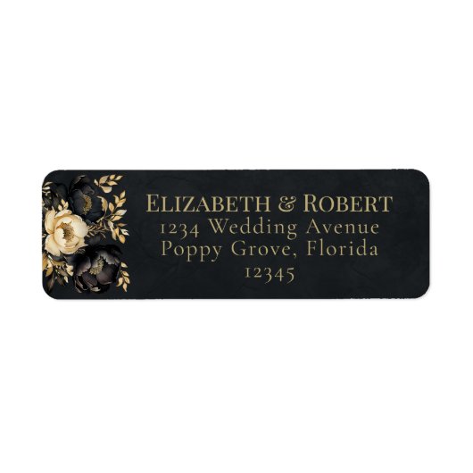 Black & Gold Peony Wedding Address Labels (Voorkant)