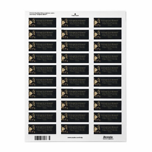 Black & Gold Peony Wedding Address Labels (Full Sheet)