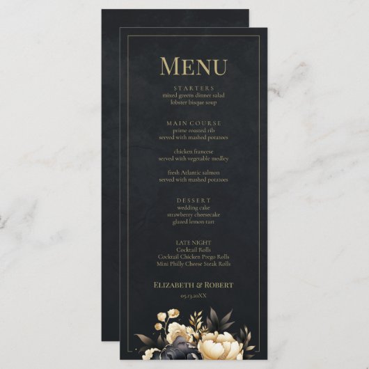Black & Gold Peony Wedding Menu Card (Voorkant / Achterkant)