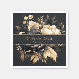 Black & Gold Peony Wedding Napkins Servet