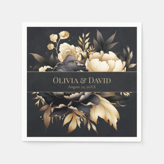 Black & Gold Peony Wedding Napkins Servet (Voorkant)