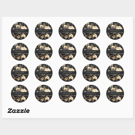 Black & Gold Peony Wedding Round Sticker (Vel)