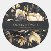 Black & Gold Peony Wedding Round Sticker (Voorkant)