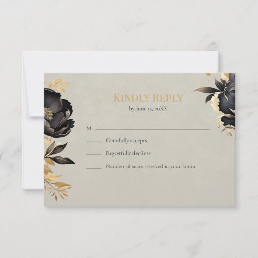 Black & Gold Peony Wedding RSVP Card (Voorkant)