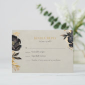 Black & Gold Peony Wedding RSVP Card (Staand voorkant)