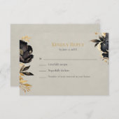 Black & Gold Peony Wedding RSVP Card (Voorkant / Achterkant)