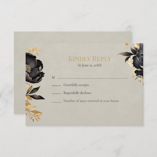 Black & Gold Peony Wedding RSVP Card (Voorkant / Achterkant)