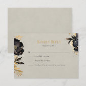 Black & Gold Peony Wedding RSVP Card Kaartje (Voorkant / Achterkant)