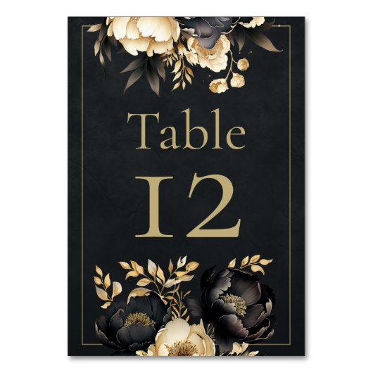 Black & Gold Peony Wedding Table Number Kaart (Voorkant)