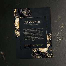 Black & Gold Peony Wedding Thank You Card Bedankkaart